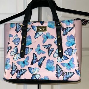 Betsey Johnson Butterfly Print Bag Soft Pink with blue butterflies